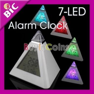 LED Color Pyramid Digital LCD Alarm Clock Thermometer