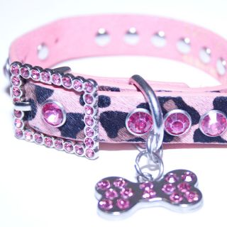 Pink Leather Animal Print Dog Collar w/ Rhinestone Doggie Bone Charm