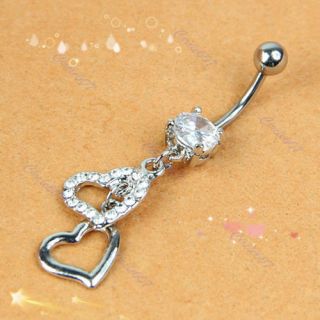 Dangle Double Heart Rhinestone Silver Crystal Navel Belly Button Ring