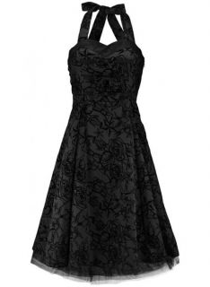 Black Flocked Halter Dress Rockabilly Wedding Pinup 50s Swing 