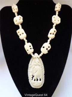 Vintage Carved Elephant Faux Ivory Tear Drop Pendant Necklace (N789)