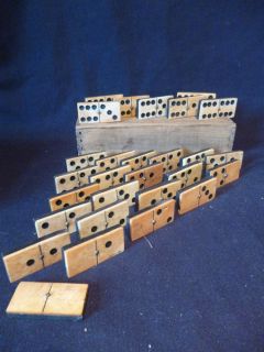   ANTIQUE**HAND MADE EBONY/NATURAL FIBRE**FULL SET OF DOMINOES WITH BOX