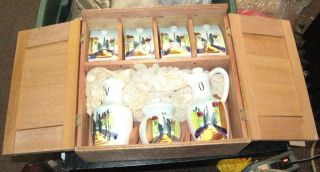 Vintage Japan Wooden Spice Cabinet w/ Porcelain Jars + Oil Vinegar 