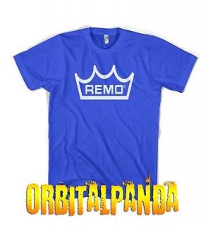 Blue T Shirt with White REMO DRUM logo   skins kit sticks toms