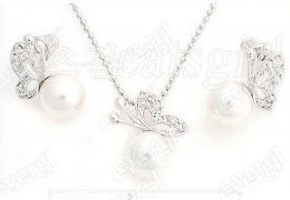 1Set Korean Silver Crystal Butterfly Pearl Stud Earrings Necklace