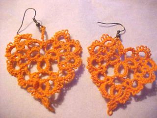 Tatted Earring Hearts Orange Unique New by Dove Country Tatting 