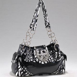 Studded Zebra Print Shoulder Bag w/ Rhinestone Star Accent   Black