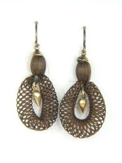   ANTIQUE VICTORIAN GOLD SILVER MOURNING WOVEN HAIR EARRINGS c1860