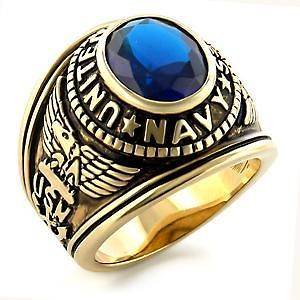   NAVY 7CT OVAL CREATED BLUE SAPPHIRE YELLOW GOLD PLATED GENT RING SIZE9