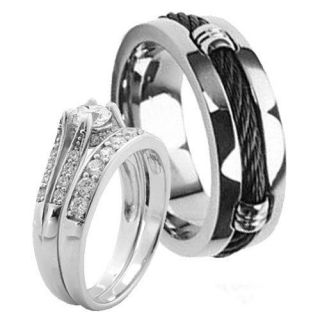 3PCS Black Cable Inlay Titanium & Silver 925 Wedding Ring Set
