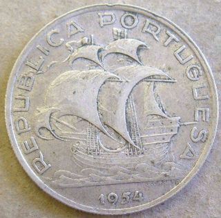 1954 SILVER PORTUGUESE TEN ESCUDOS COIN. REPUBLICA PORTUGUESA. 10 ESC 