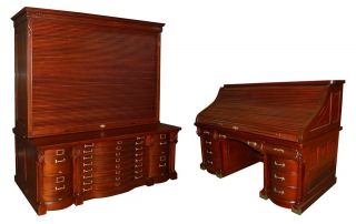   Antique 19th C. American Mahogany Rolltop Desk & Filing System Cabinet
