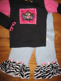 NEW HAUTE BABY FALL JEWEL CROWN TOP & ZEBRA JEANS OUTFIT 24 MO 24MO M