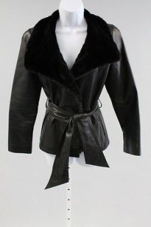   HANNANT Black Leather Mink Fur Trim Belted Waist Collared Jacket Sz S