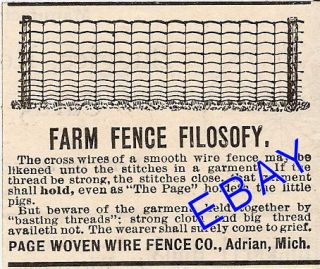 1894 PAGE WOVEN WIRE FARM FENCE AD HOG WIRE ADRIAN MI