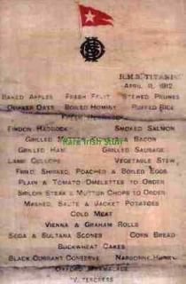 Titanic White Star Line First Class Breakfast Menu 11th April 1912