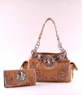 Fleur de Lis Purse Wallet SET Stunning Shimmer Bag TAN