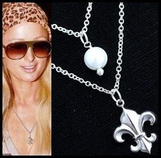 Fleur de Lis Pearl Pendant Charm Layer Necklace Sterling Silver chain 