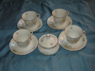 Czech Thun Porcelain Flower Cups & Saucers and Covered Sugar Lot