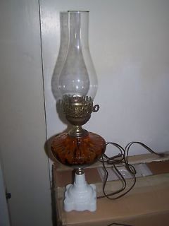 VINTAGE HURRICANE LAMP AMBER GLASS ELECTRIC PORCELAIN BASE~