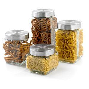 PIECE SQUARE GLASS CANISTER SET WITH ROUND STAINLESS STEEL LIDS NEW 