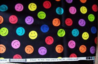SMILEY FACE MULTI COLOR ON BLACK MATERIAL, ONE YARD, CRANSTON PRINT 