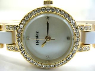   Ladies Henley Diamante Watch Pearly Face With Gold & White Band H712