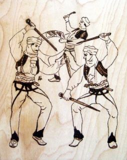 Albanian Art Men dancing in ethnic costumes and swords Pyrography