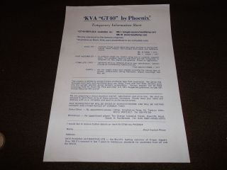   Brochure. KVA GT40 by Phoenix. Ford V6 & Rover V8 Engines. Info Sheet