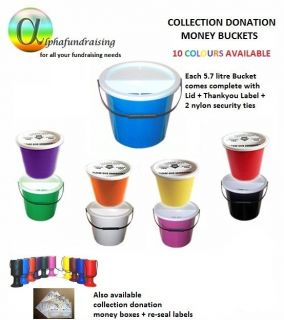 CHARITY COLLECTION DONATION BUCKET/BOX WITH LIDS + LABELS + SECURITY 