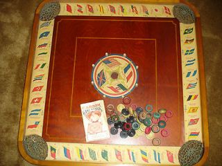 Old CARROM Game Board Archarena Flags of the World,+ game pieces 
