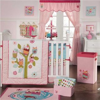   Pink Tree Flower Leaf Forest Owl Friends Baby Girl Crib Bedding Set