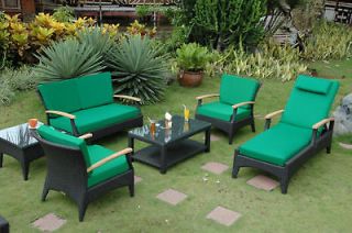 Outdoor Patio Furniture 6 Pc Wicker with Teak Accent Deep Seating Set 