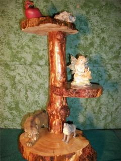 Three level rustic table stand; log art plant display; 15 tall, slab 