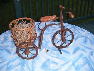 Vintage Antique Iron Tricycle Plant Stand / Bamboo or Wood Decorative 