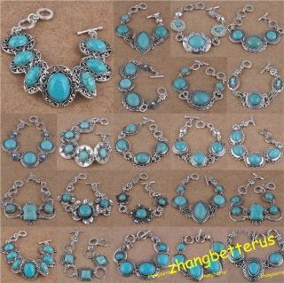 Retro style Tibet Silver Turquoise Beads Gemstone Bracelet Bangle 