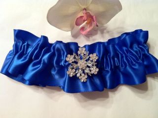 Royal Blue Garter Satin Bridal Garter Snowflake Rhinestone Accent 
