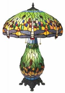   Dragonfly Styled Tiffany Style Stained Glass Table Lamp W/ Lit Base
