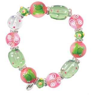 Kate & Macy GREEN FROGS Glass Beads Charm Bracelet Pink, Green, White 
