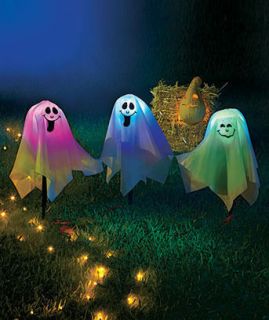 SET OF 3 COLOR CHANGING LIGHTED GHOST STAKES OUTDOOR YARD HALLOWEEN 