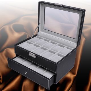   Box 20 Mens Black Leather Storage Organizer Glass Top Jewelry Case