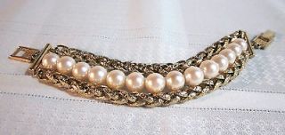 Signed Givenchy ~ Gold Tone Braided Link Faux Pearl Three Strand 