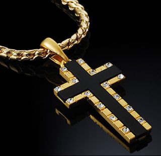   Gold Nano Injection Plated Mens Onyx Cross Pendant Chain Necklace #24