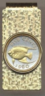 Bermuda 5 Cent Angel Fish Money Clip Gold on Silver Coin Jewelry