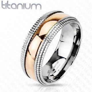 Solid Titanium rose gold plated center beveled machined edge Band Ring 