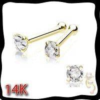 14K Yellow Gold 20g Nose Bone Stud Ring Clear CZ