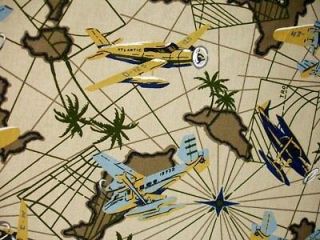 Khaki Beige Aviation Vintage Airplanes Seaplanes Pilots Cotton Fabric 