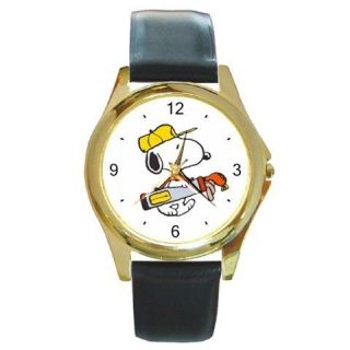 Snoopy w/ Golf Bag Gold Tone Leather Band Quartz Watch