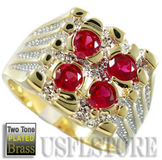 Four Ruby Red Stone Gold Plated Two Tone Mens Ring
