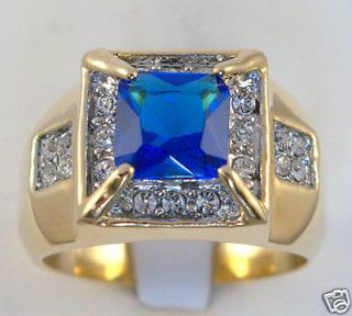   BLUE SAPPHIRE simulated MENS RING 18k yellow gold overlay size 11